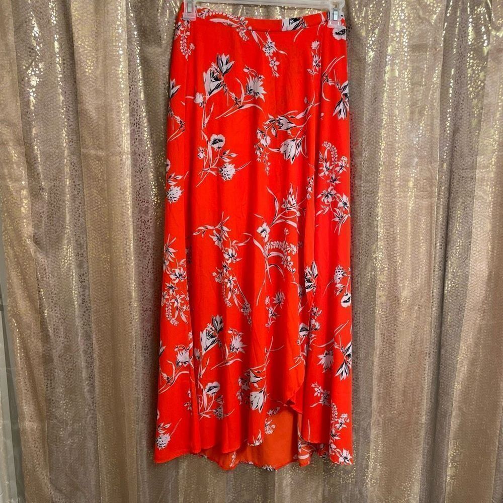 Akira Bright Red Orange Floral Wrap Maxi Skirt, Large NWT